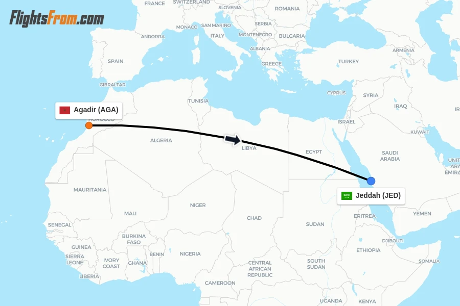 Flights from Agadir to Jeddah route map