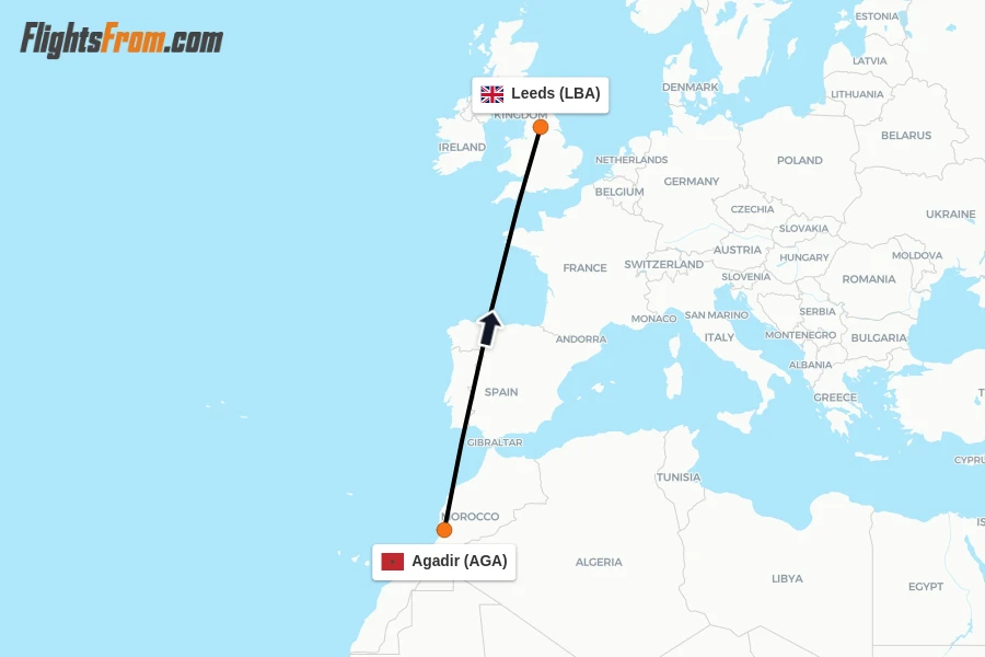 Flights from Agadir to Leeds route map