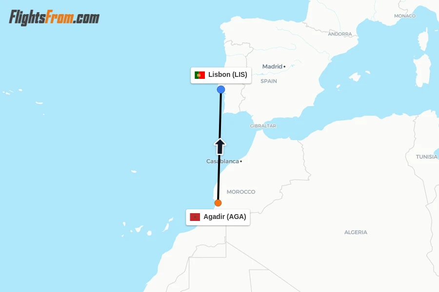 Flights from Agadir to Lisbon route map