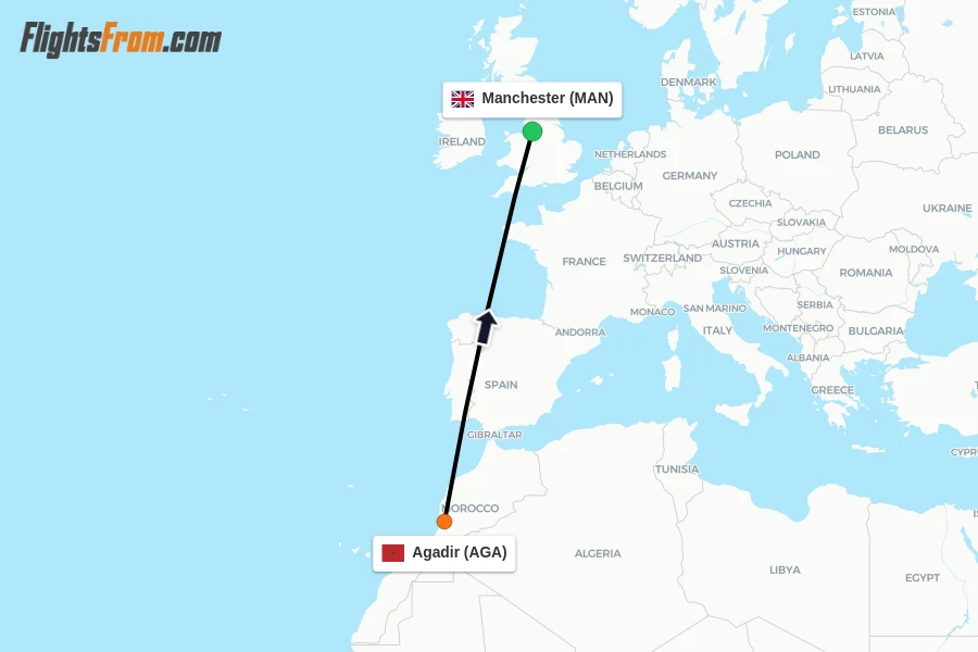 Flights from Agadir to Manchester route map