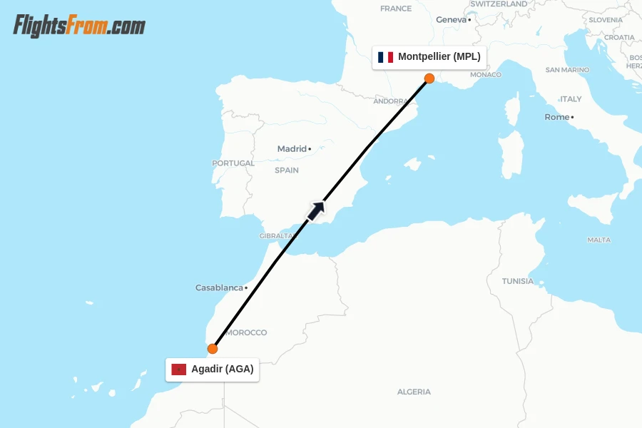 Flights from Agadir to Montpellier route map