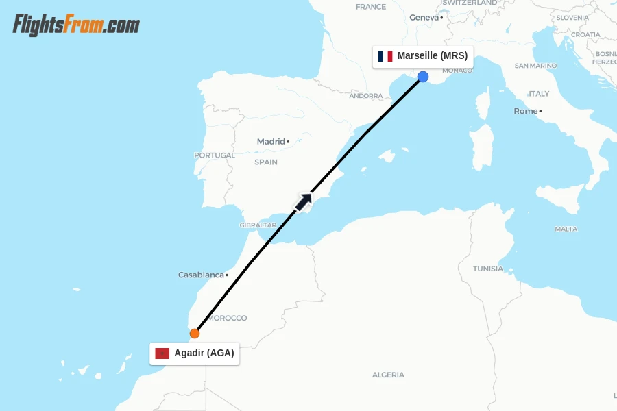 Flights from Agadir to Marseille route map