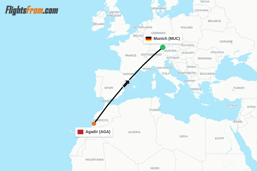 Flights from Agadir to Munich route map