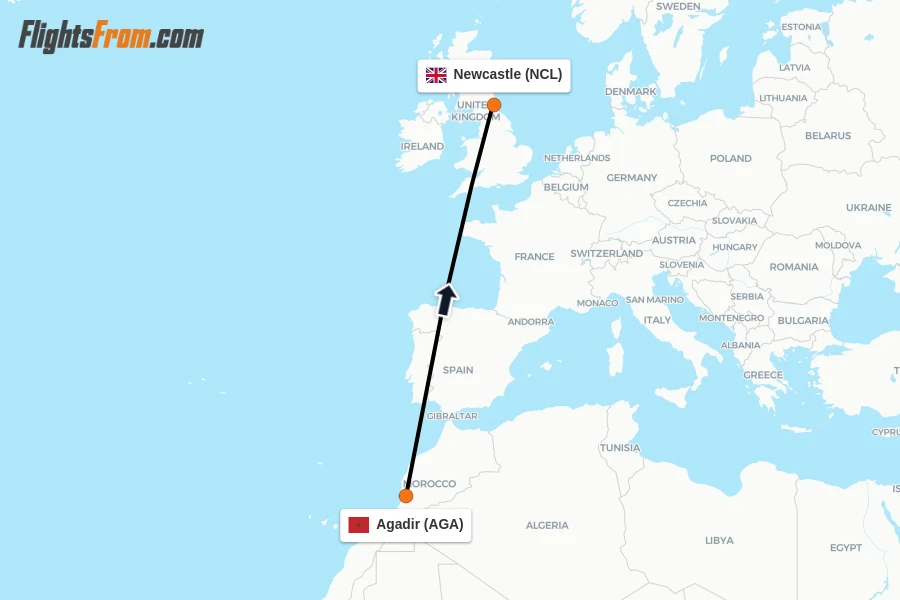 Flights from Agadir to Newcastle route map