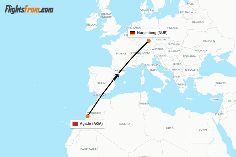 Flights from Agadir to Nuremberg route map