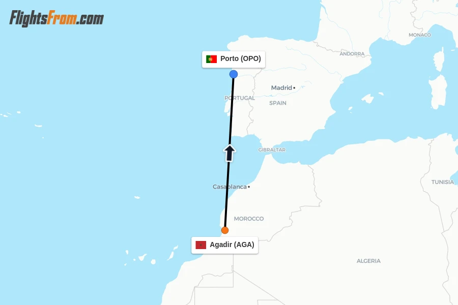 Flights from Agadir to Porto route map