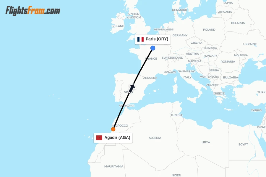 Flights from Agadir to Paris route map