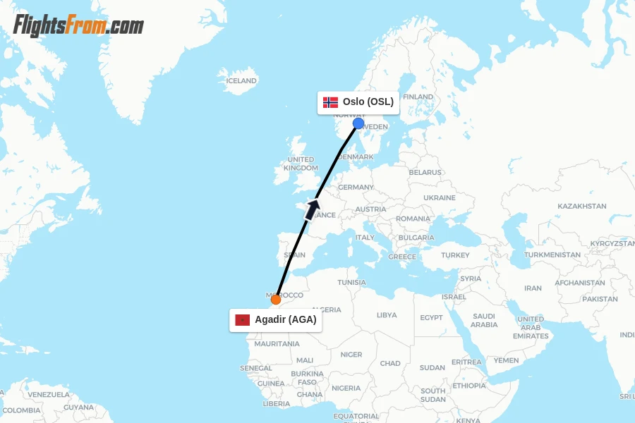 Flights from Agadir to Oslo route map