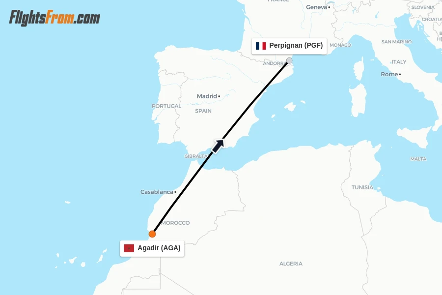Flights from Agadir to Perpignan route map