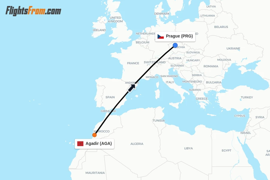 Flights from Agadir to Prague route map