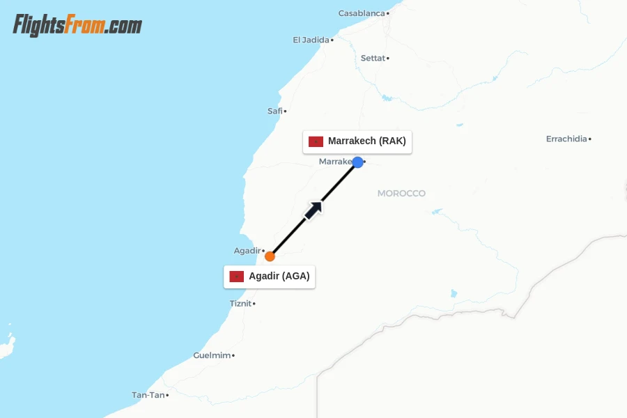 Flights from Agadir to Marrakech route map