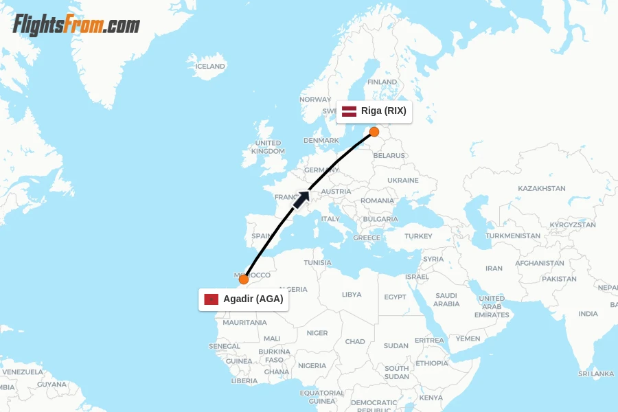 Flights from Agadir to Riga route map