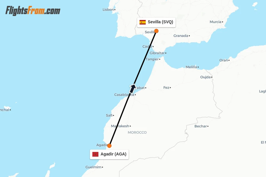 Flights from Agadir to Sevilla route map