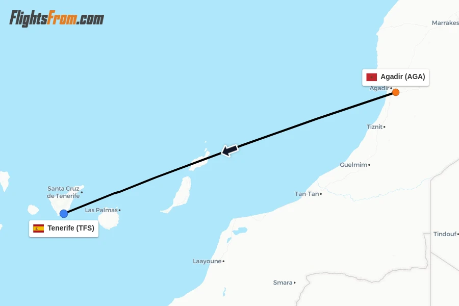 Flights from Agadir to Tenerife route map