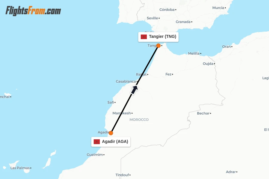 Flights from Agadir to Tangier route map