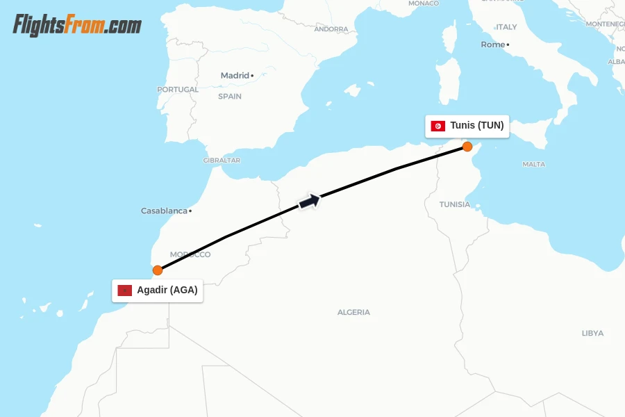 Flights from Agadir to Tunis route map