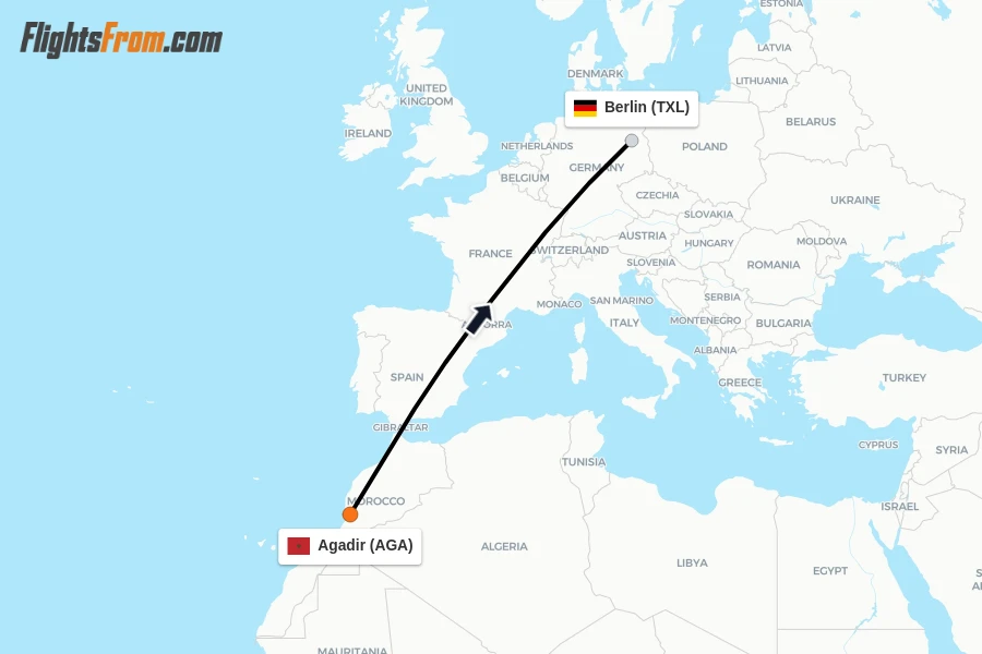 Flights from Agadir to Berlin route map