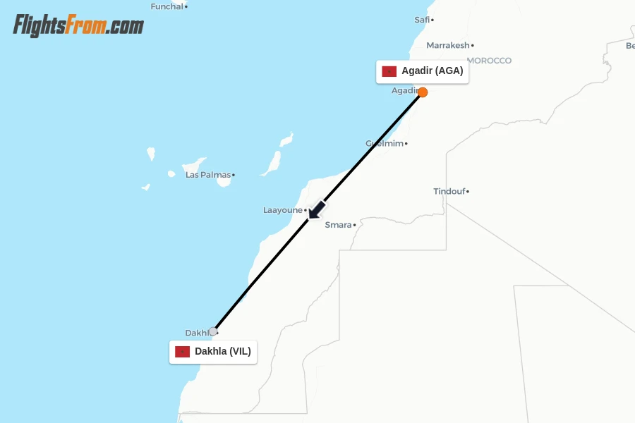 Flights from Agadir to Dakhla route map