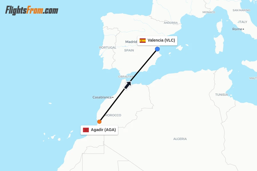 Flights from Agadir to Valencia route map