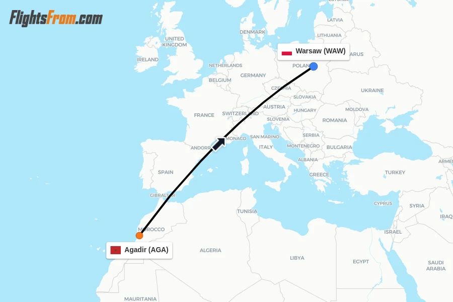Flights from Agadir to Warsaw route map