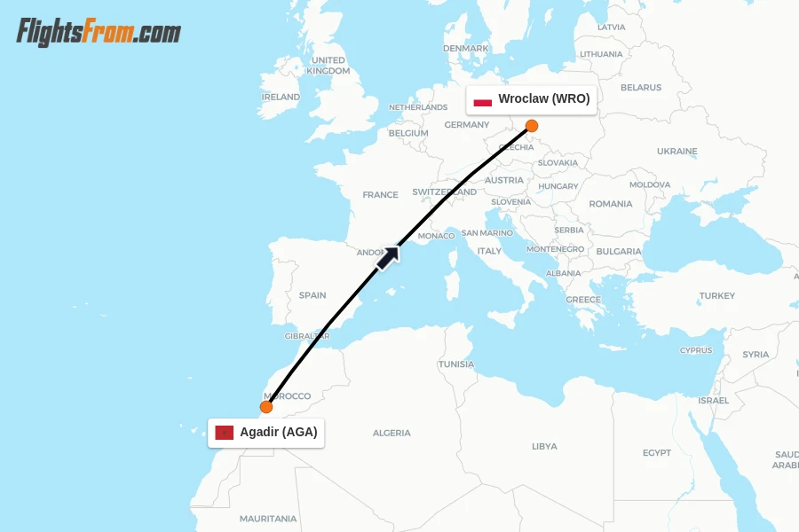 Flights from Agadir to Wroclaw route map