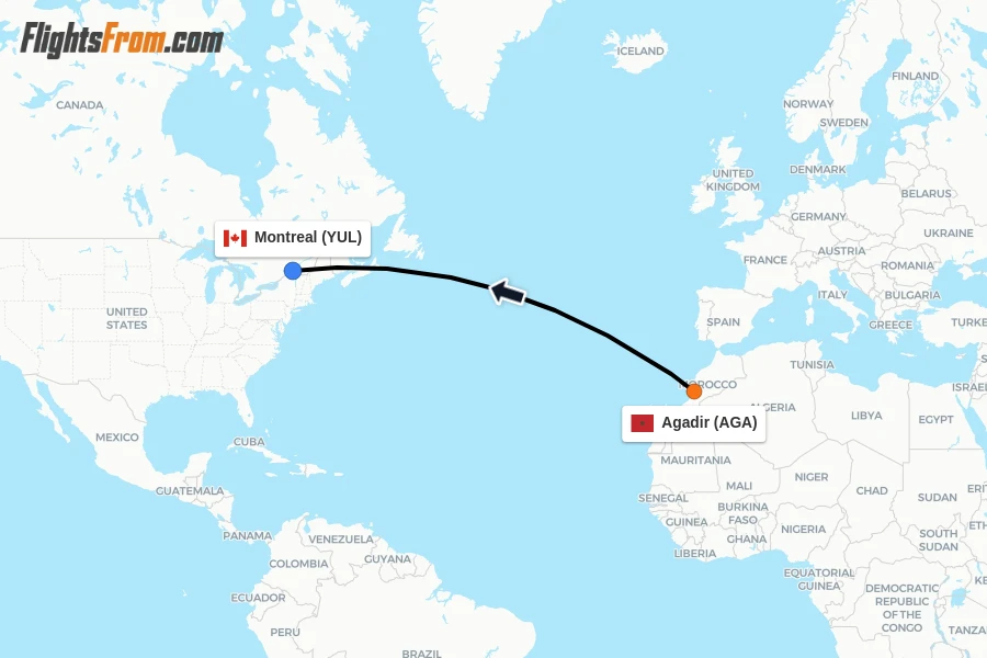 Flights from Agadir to Montreal route map