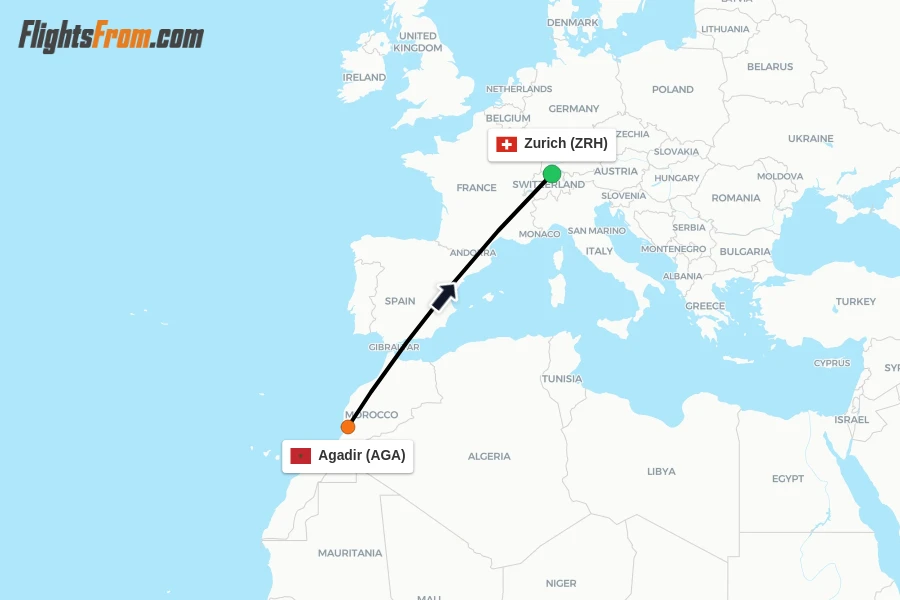 Flights from Agadir to Zurich route map