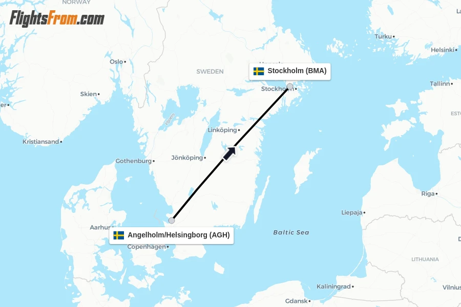 Flights from Angelholm/Helsingborg to Stockholm route map