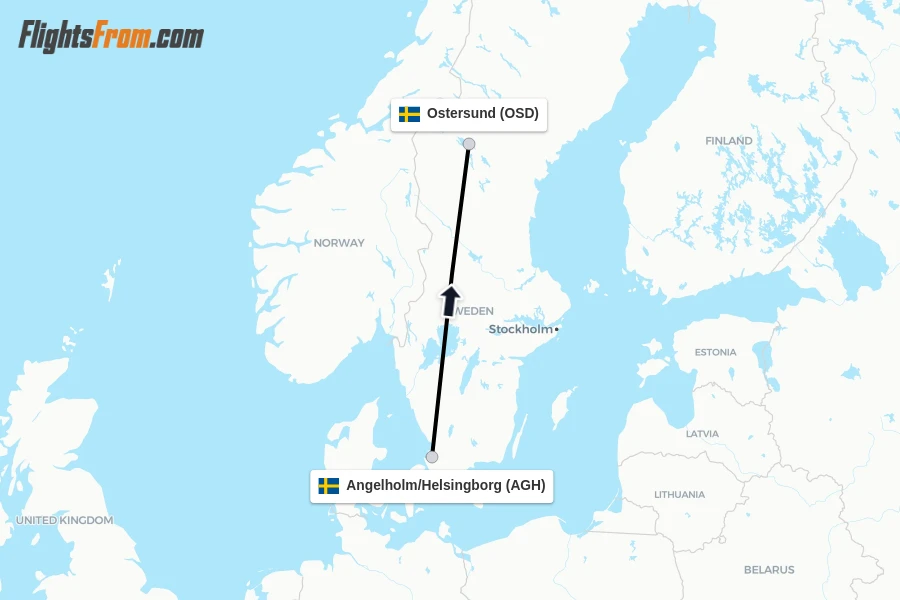 Flights from Angelholm/Helsingborg to Ostersund route map