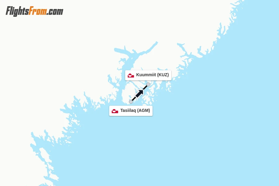 Flights from Tasiilaq to Kuummiit route map