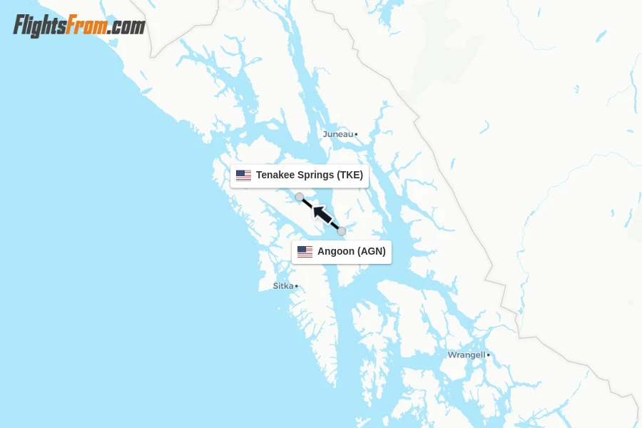 Flights from Angoon to Tenakee Springs route map