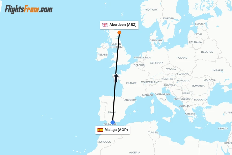 Flights from Malaga to Aberdeen route map