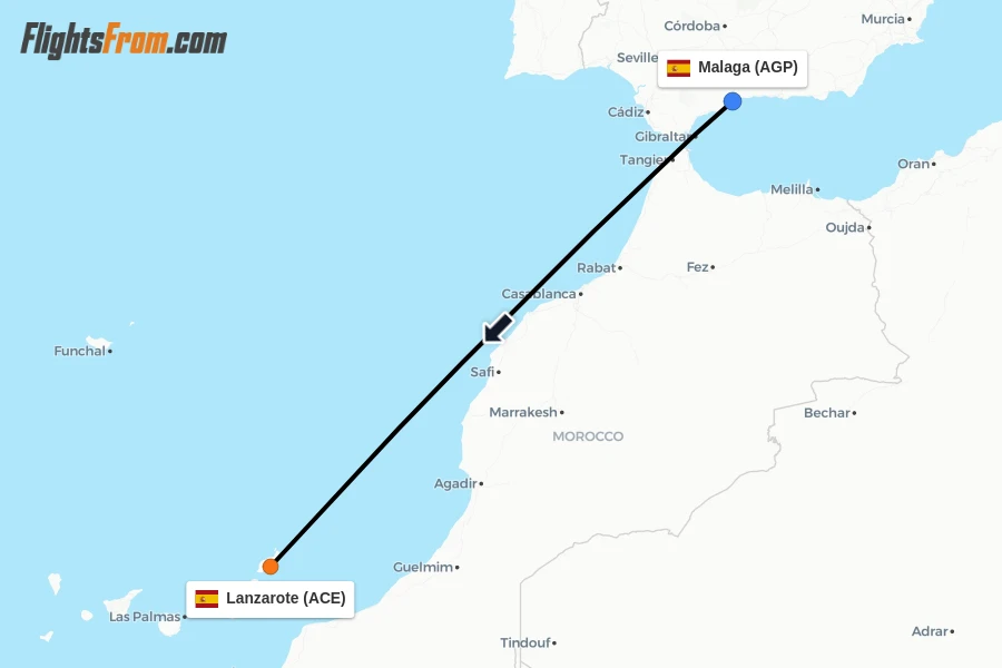 Flights from Malaga to Lanzarote route map