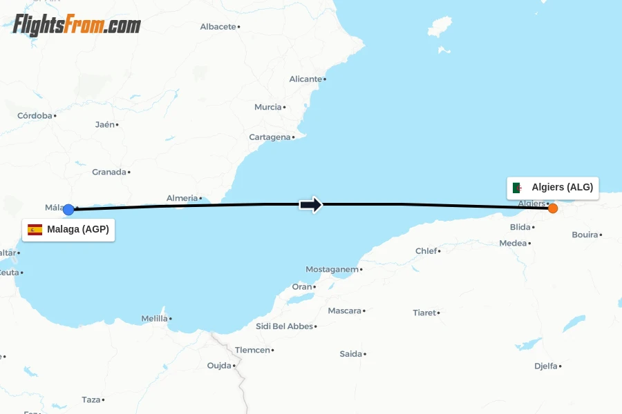 Flights from Malaga to Algiers route map