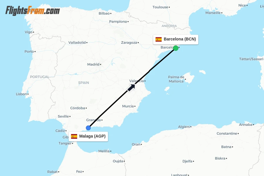Flights from Malaga to Barcelona route map