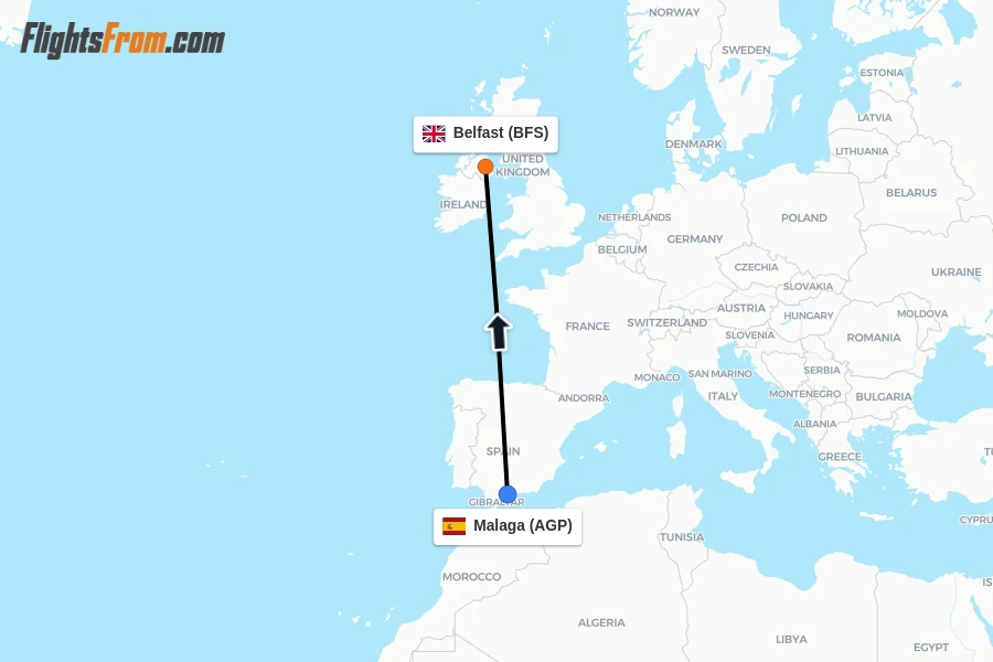 Flights from Malaga to Belfast route map