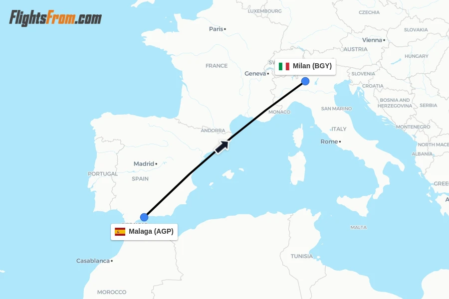 Flights from Malaga to Milan route map