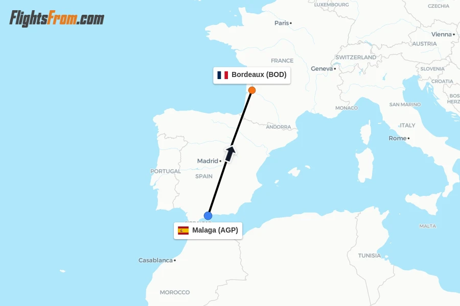 Flights from Malaga to Bordeaux route map