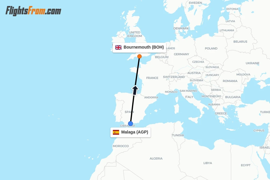 Flights from Malaga to Bournemouth route map