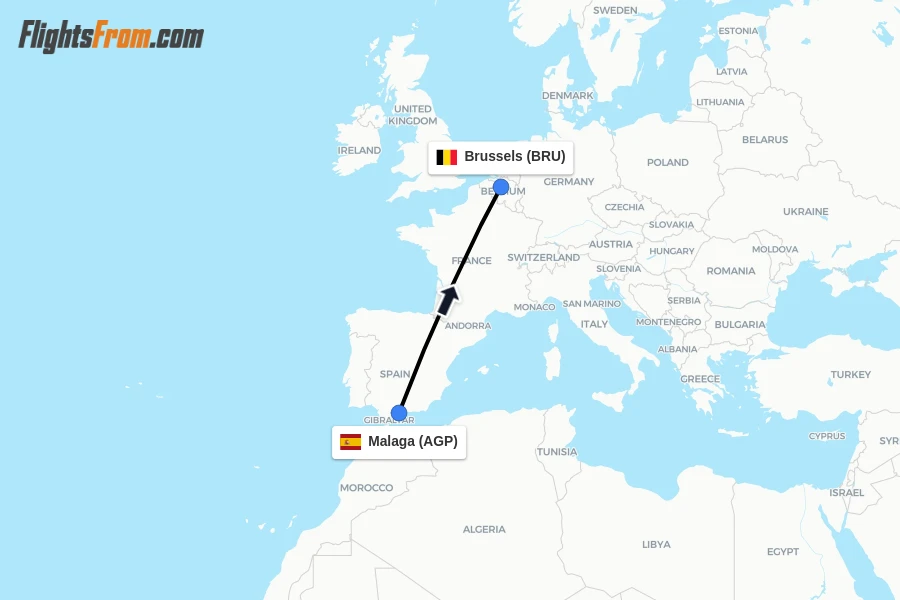 Flights from Malaga to Brussels route map