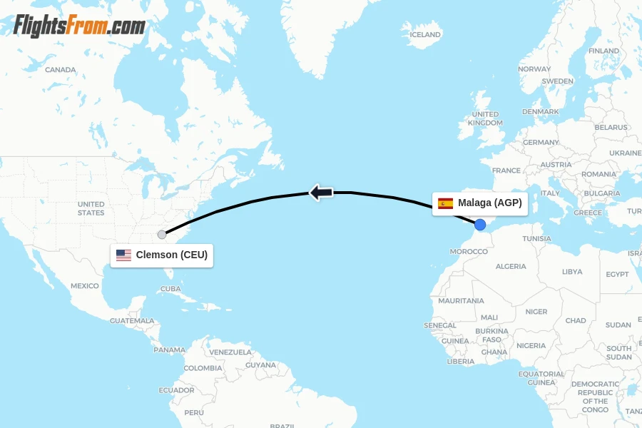 Flights from Malaga to Clemson route map