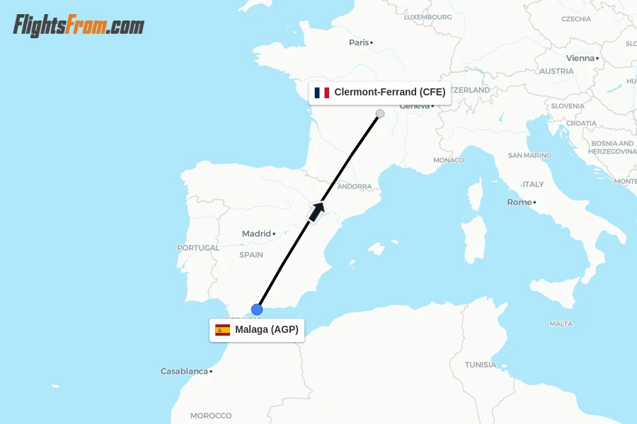 Flights from Malaga to Clermont-Ferrand route map