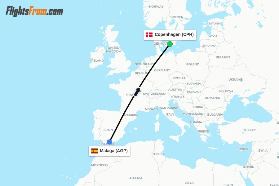 Flights from Malaga to Copenhagen route map