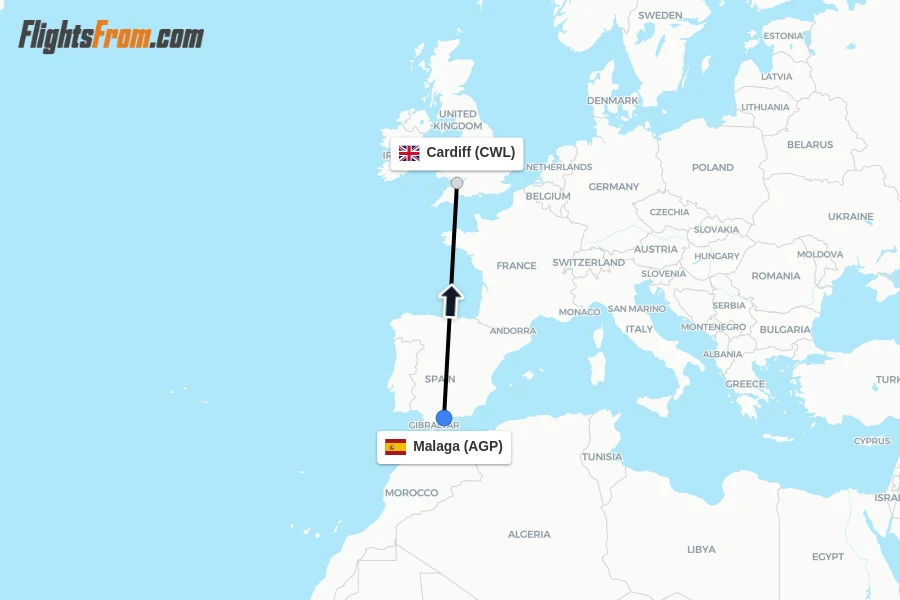 Flights from Malaga to Cardiff route map