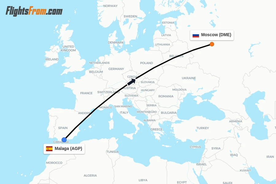 Flights from Malaga to Moscow route map