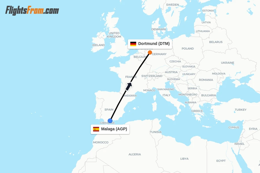 Flights from Malaga to Dortmund route map