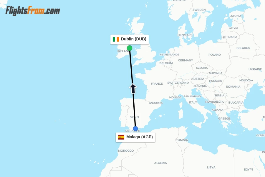 Flights from Malaga to Dublin route map