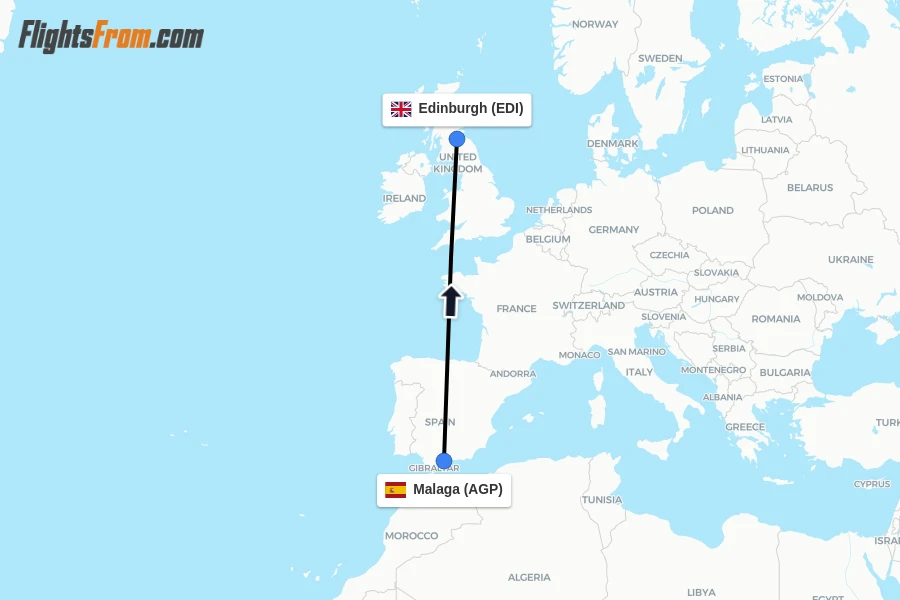 Flights from Malaga to Edinburgh route map