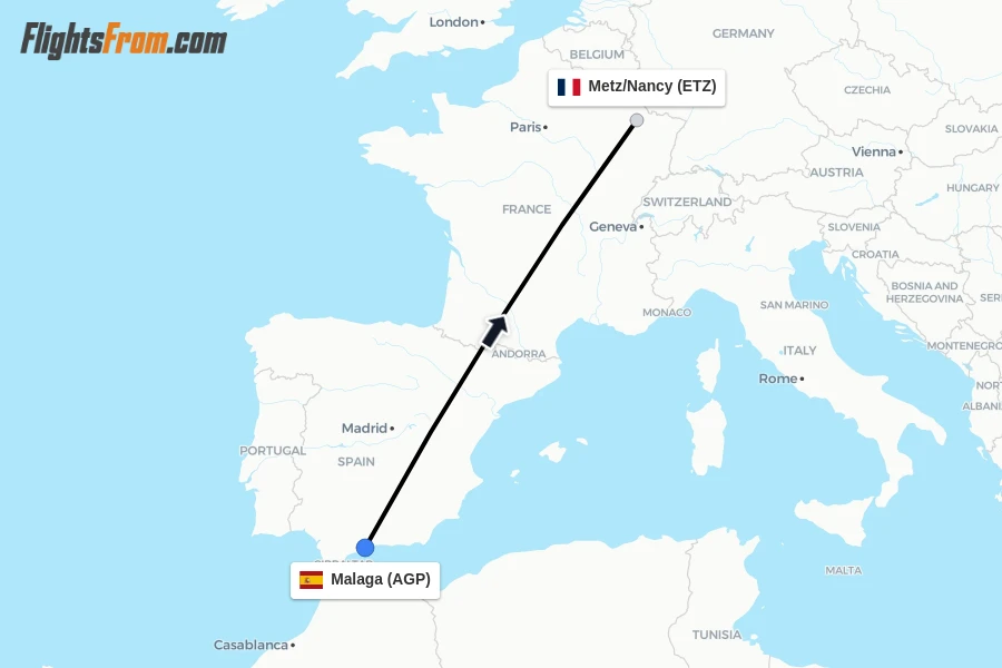 Flights from Malaga to Metz/Nancy route map