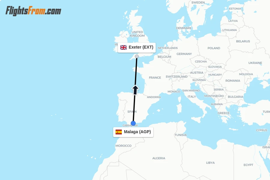 Flights from Malaga to Exeter route map